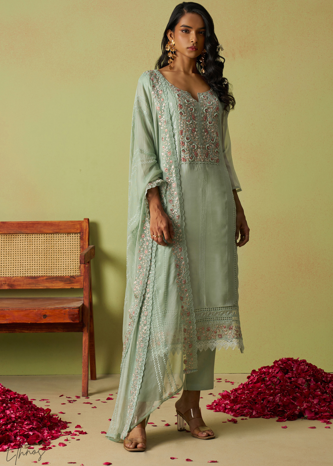 Green Meadow Embroidered Organza Palazzo Suit