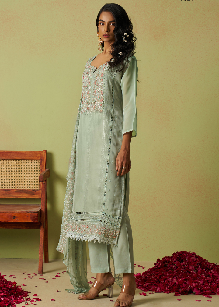 Green Meadow Embroidered Organza Palazzo Suit
