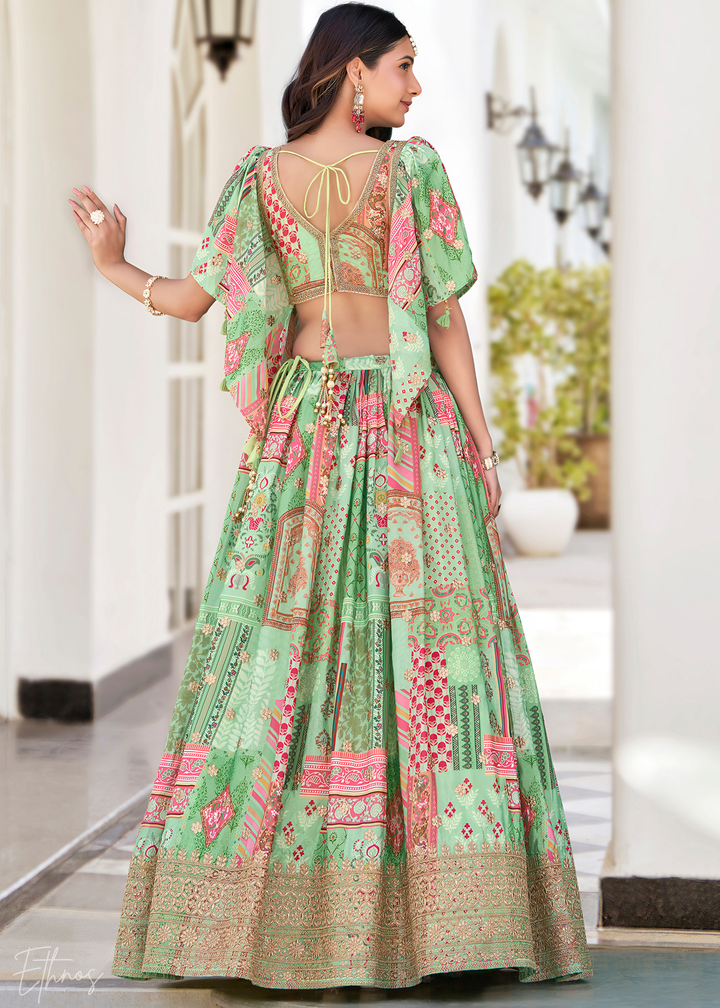 Green Printed Embroidered Chinon Silk Lehenga