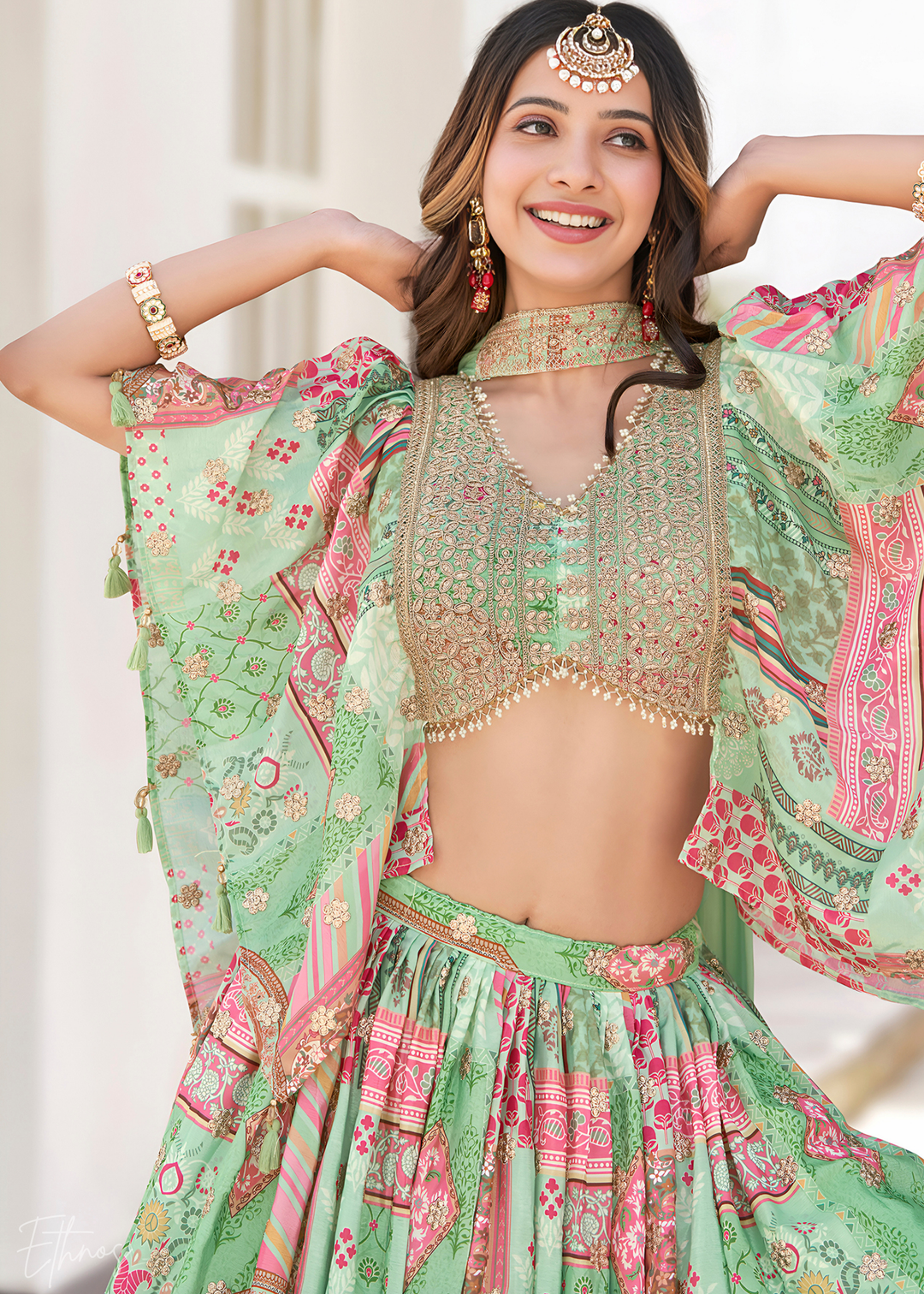 Green Printed Embroidered Chinon Silk Lehenga