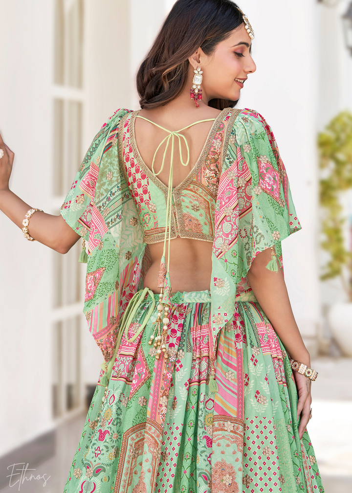 Green Printed Embroidered Chinon Silk Lehenga