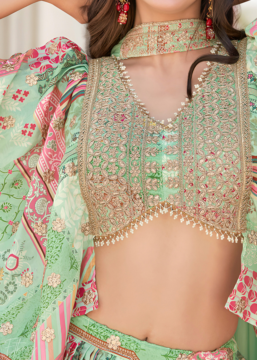 Green Printed Embroidered Chinon Silk Lehenga
