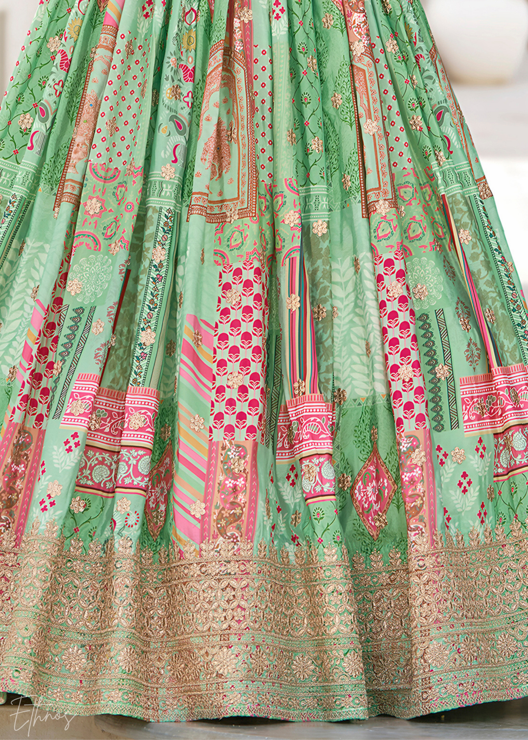 Green Printed Embroidered Chinon Silk Lehenga