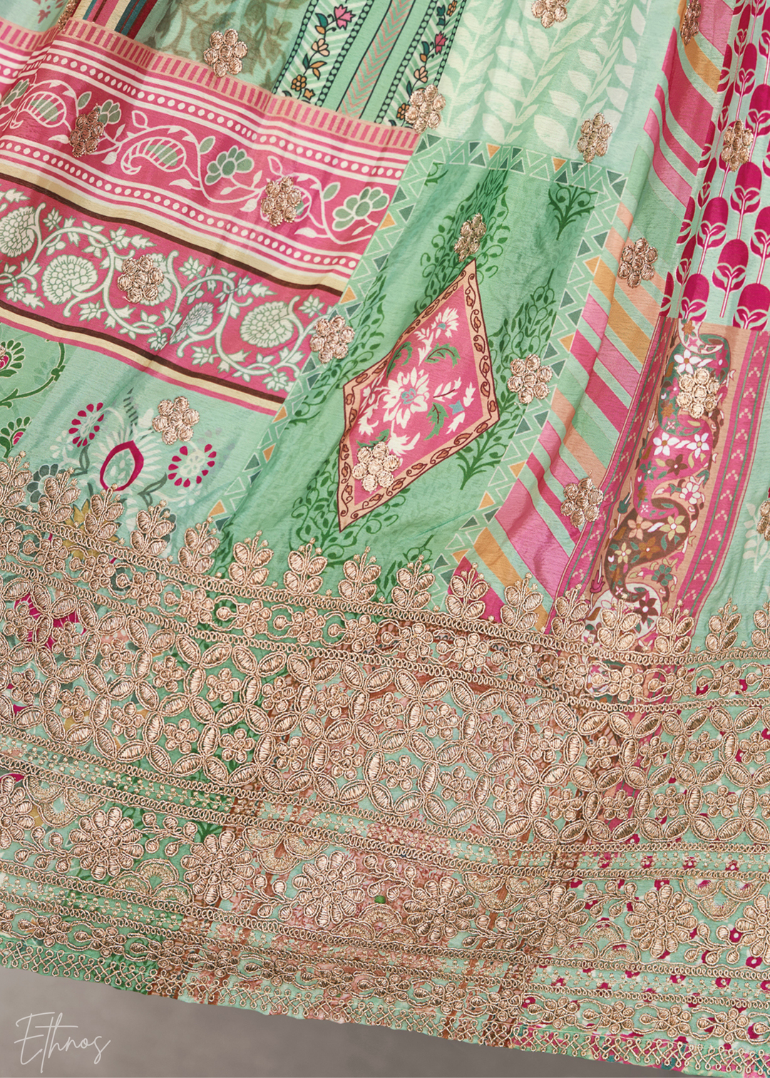 Green Printed Embroidered Chinon Silk Lehenga