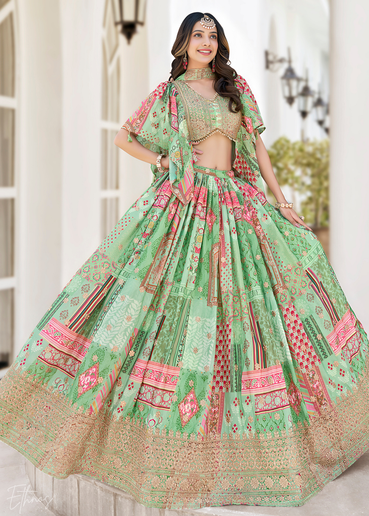 Green Printed Embroidered Chinon Silk Lehenga