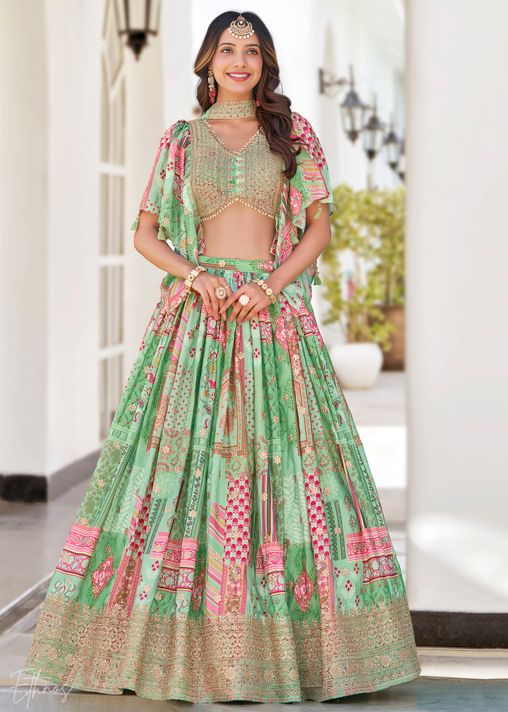 Green Printed Embroidered Chinon Silk Lehenga