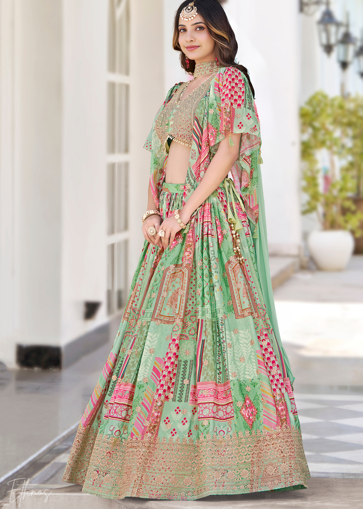 Green Printed Embroidered Chinon Silk Lehenga