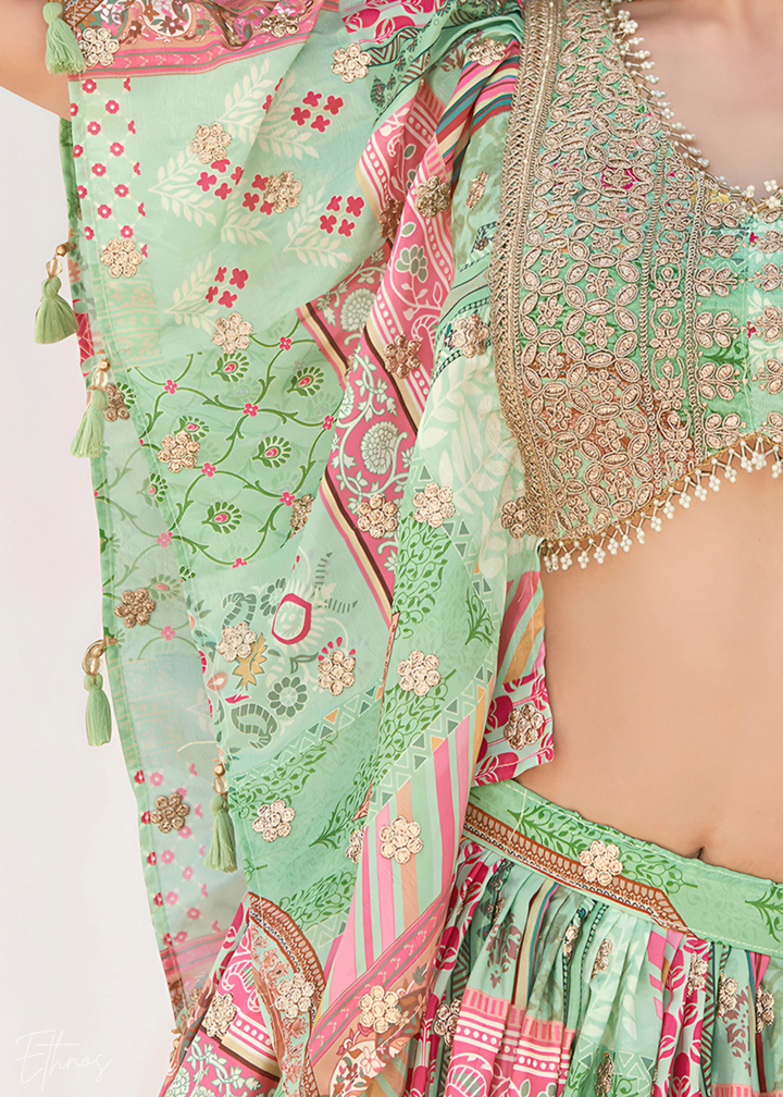 Green Printed Embroidered Chinon Silk Lehenga