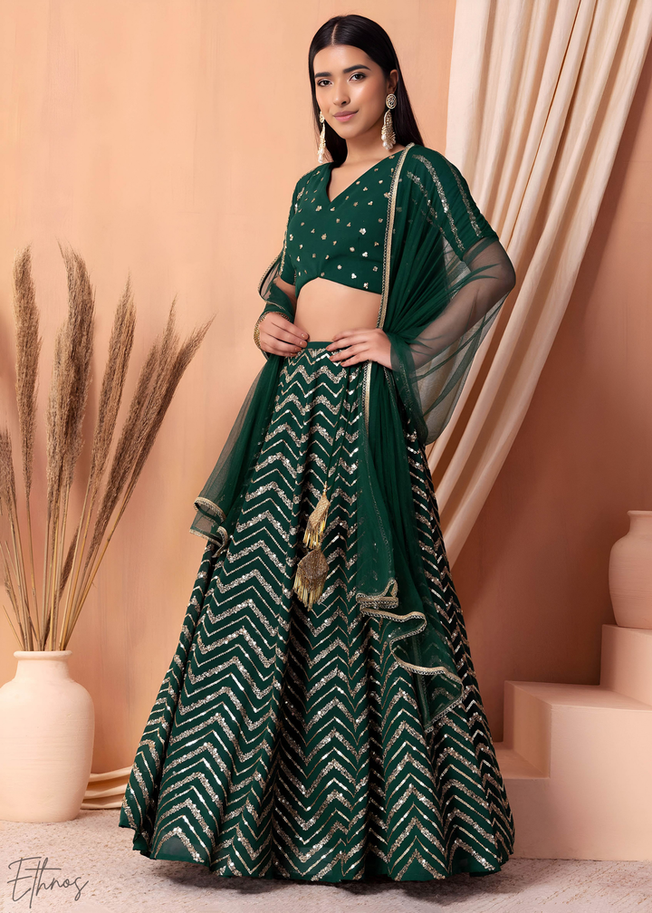 Green Sequins Chevron Georgette Lehenga