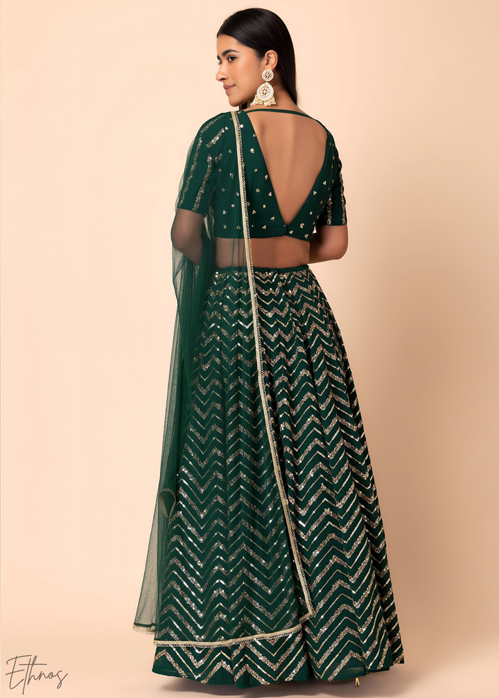 Green Sequins Chevron Georgette Lehenga