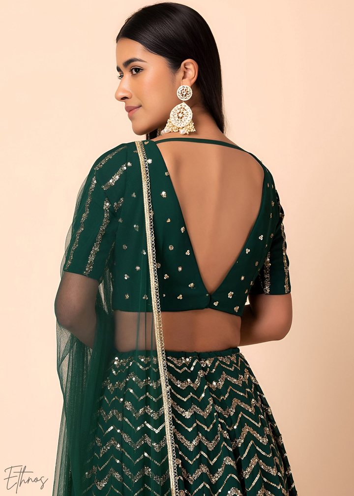 Green Sequins Chevron Georgette Lehenga