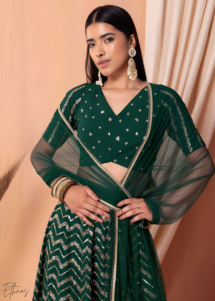 Green Sequins Chevron Georgette Lehenga