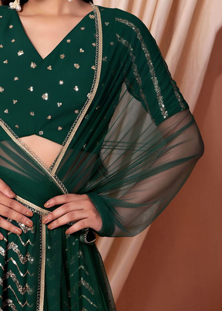 Green Sequins Chevron Georgette Lehenga
