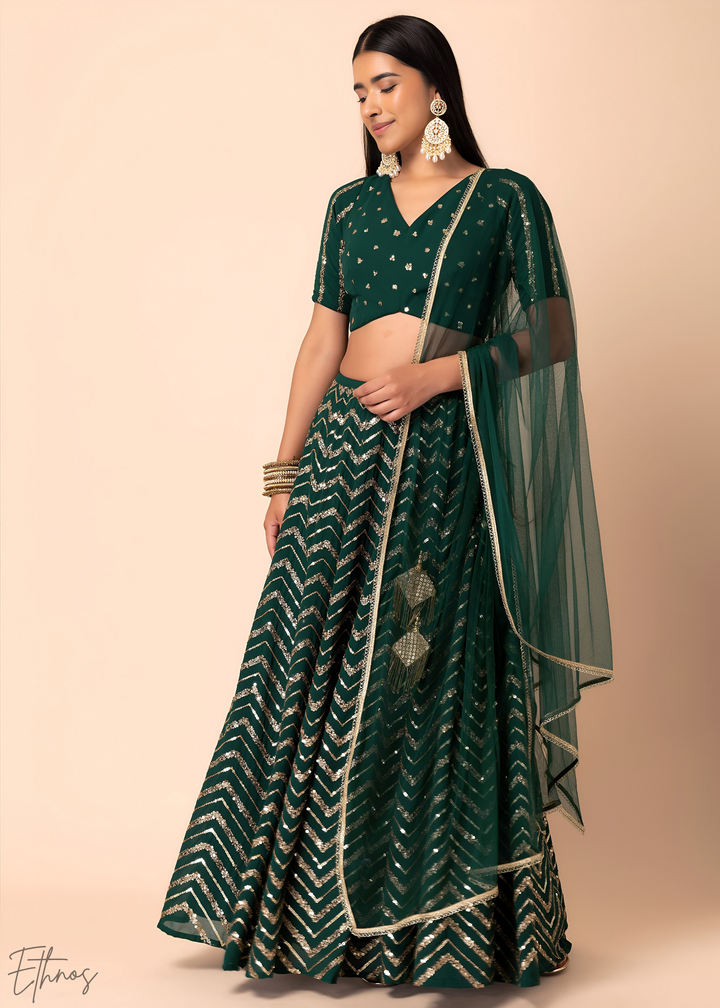 Green Sequins Chevron Georgette Lehenga