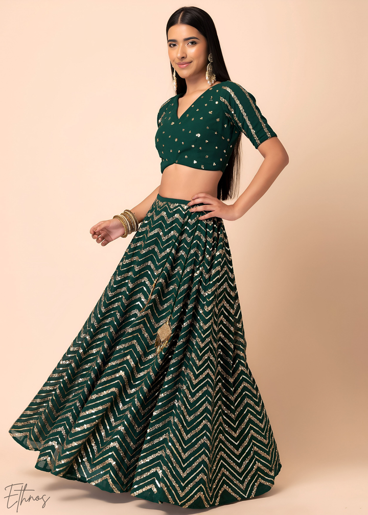 Green Sequins Chevron Georgette Lehenga