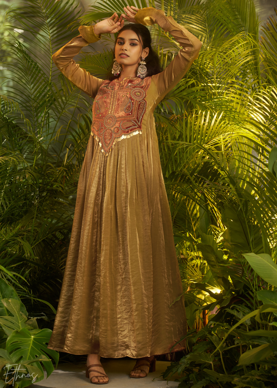 Golden Green Zardozi Organza Kalidar Kurta