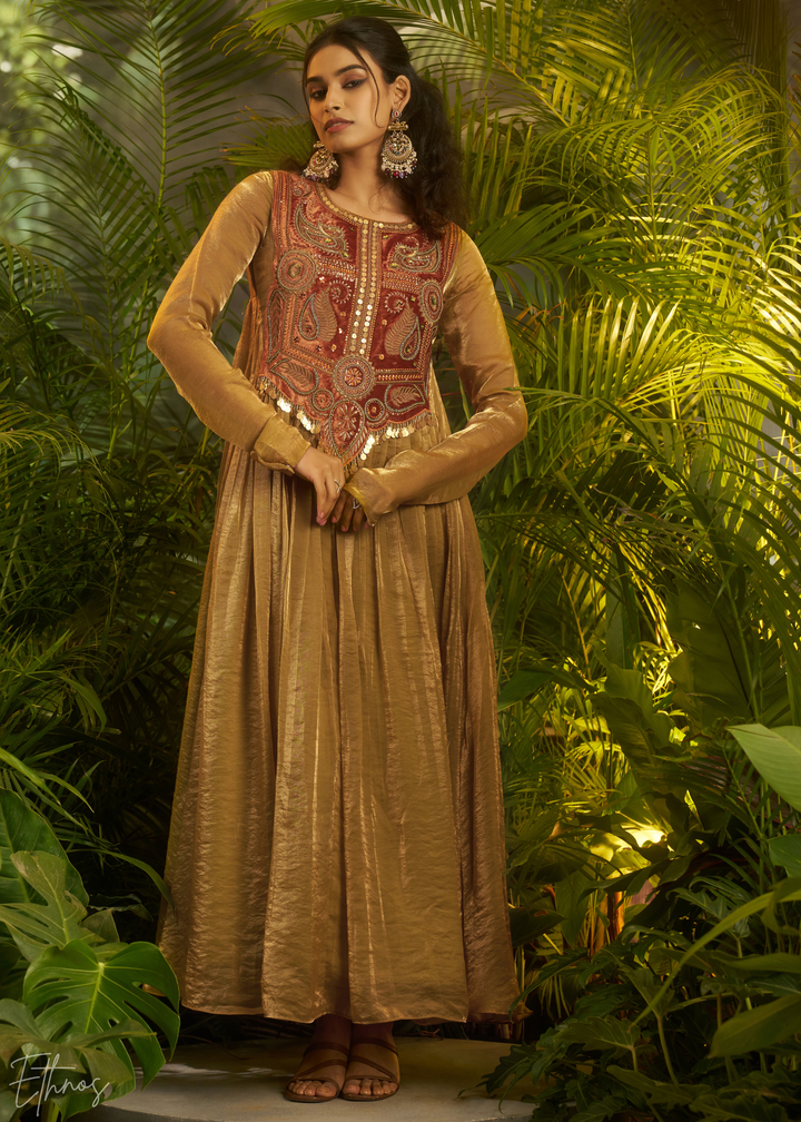 Golden Green Zardozi Organza Kalidar Kurta