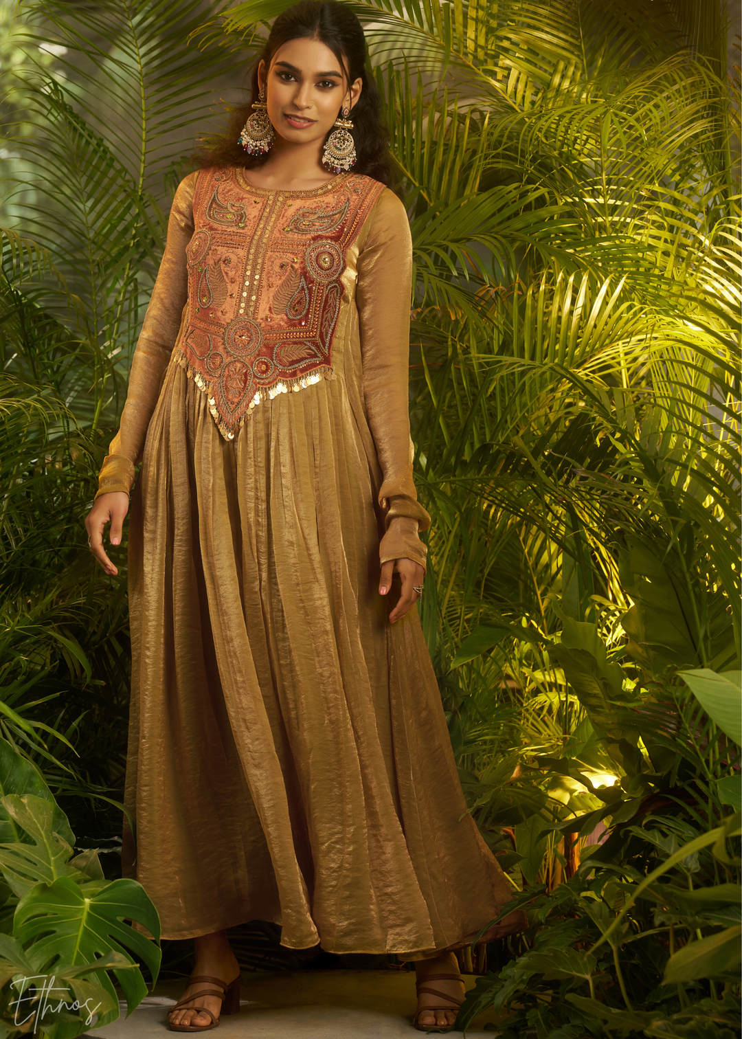 Golden Green Zardozi Organza Kalidar Kurta