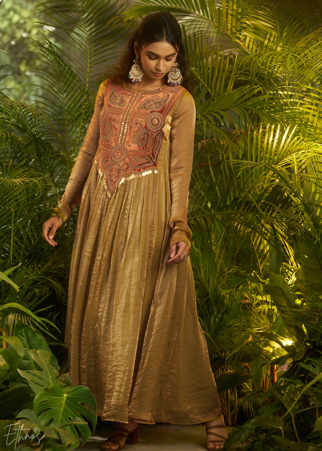 Golden Green Zardozi Organza Kalidar Kurta