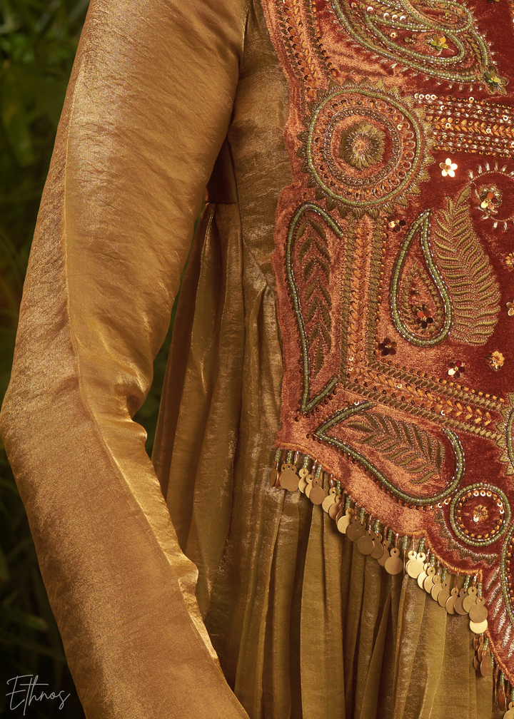 Golden Green Zardozi Organza Kalidar Kurta