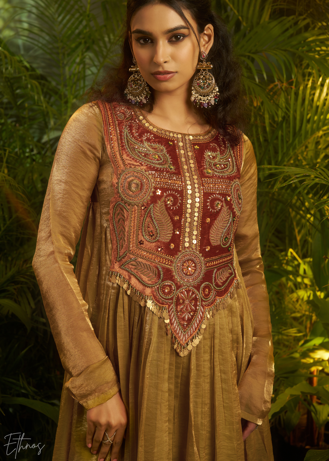 Golden Green Zardozi Organza Kalidar Kurta