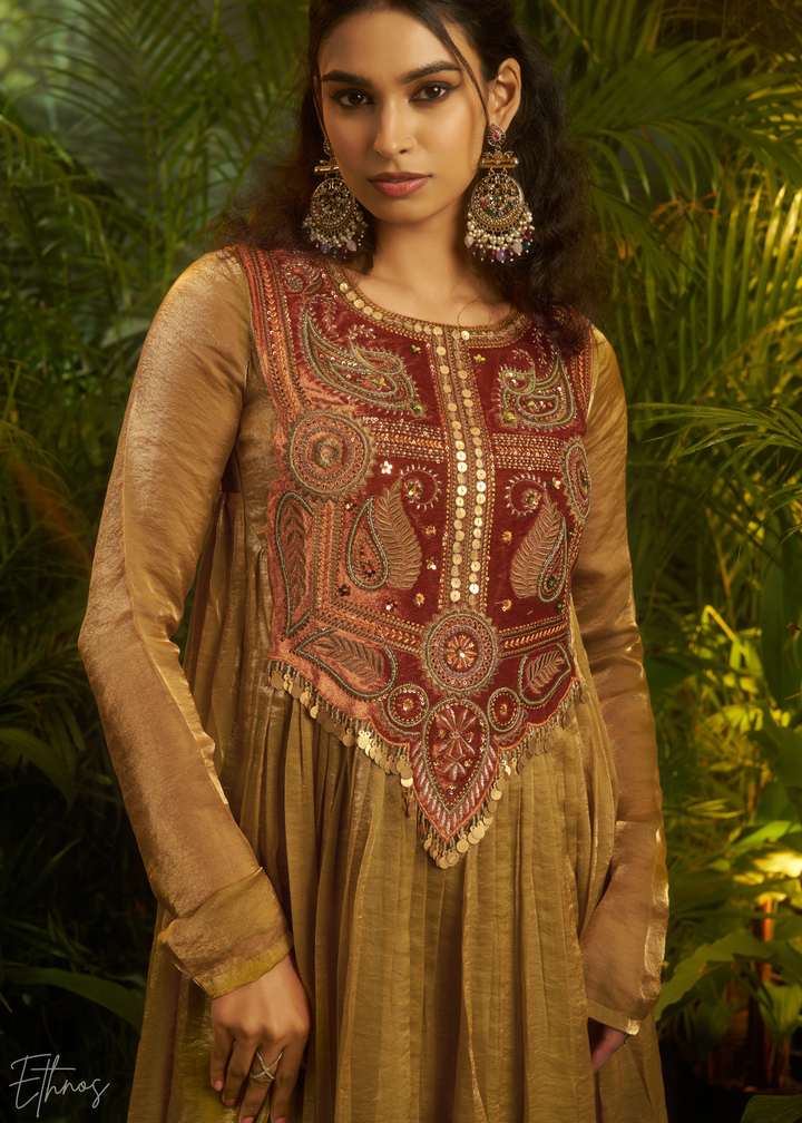 Golden Green Zardozi Organza Kalidar Kurta