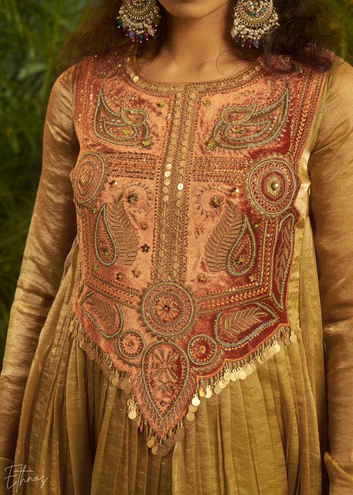 Golden Green Zardozi Organza Kalidar Kurta