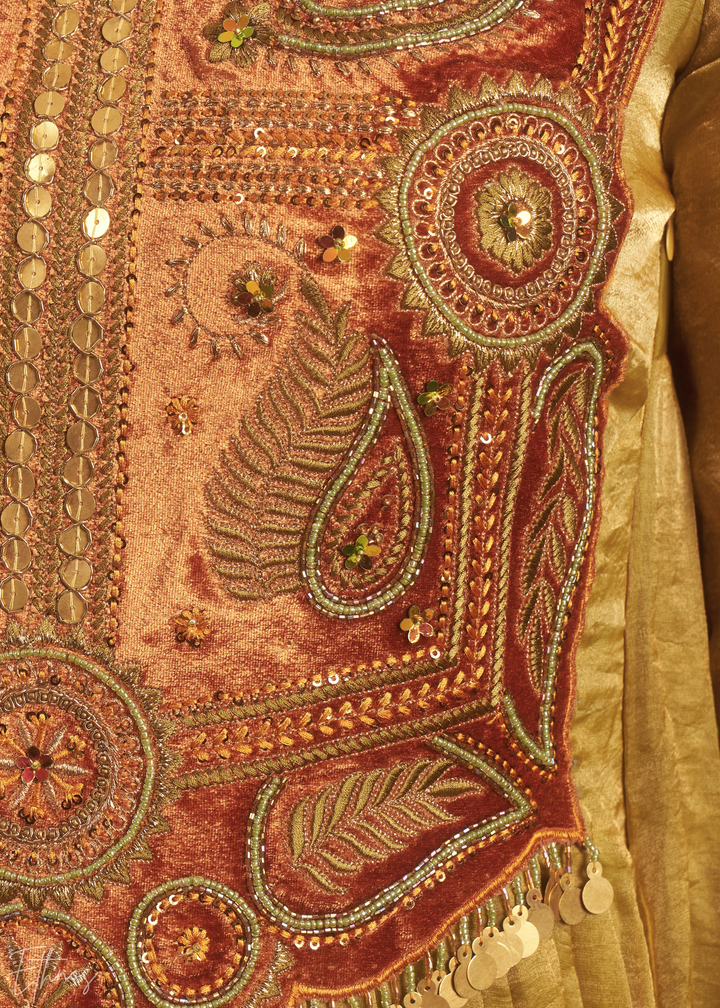 Golden Green Zardozi Organza Kalidar Kurta