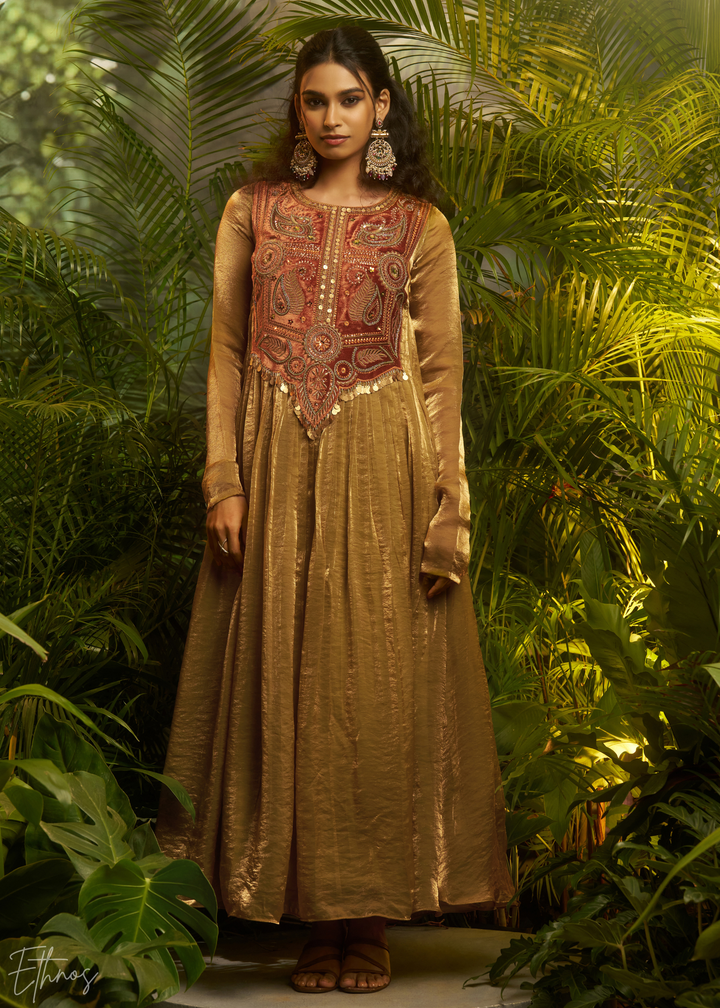 Golden Green Zardozi Organza Kalidar Kurta