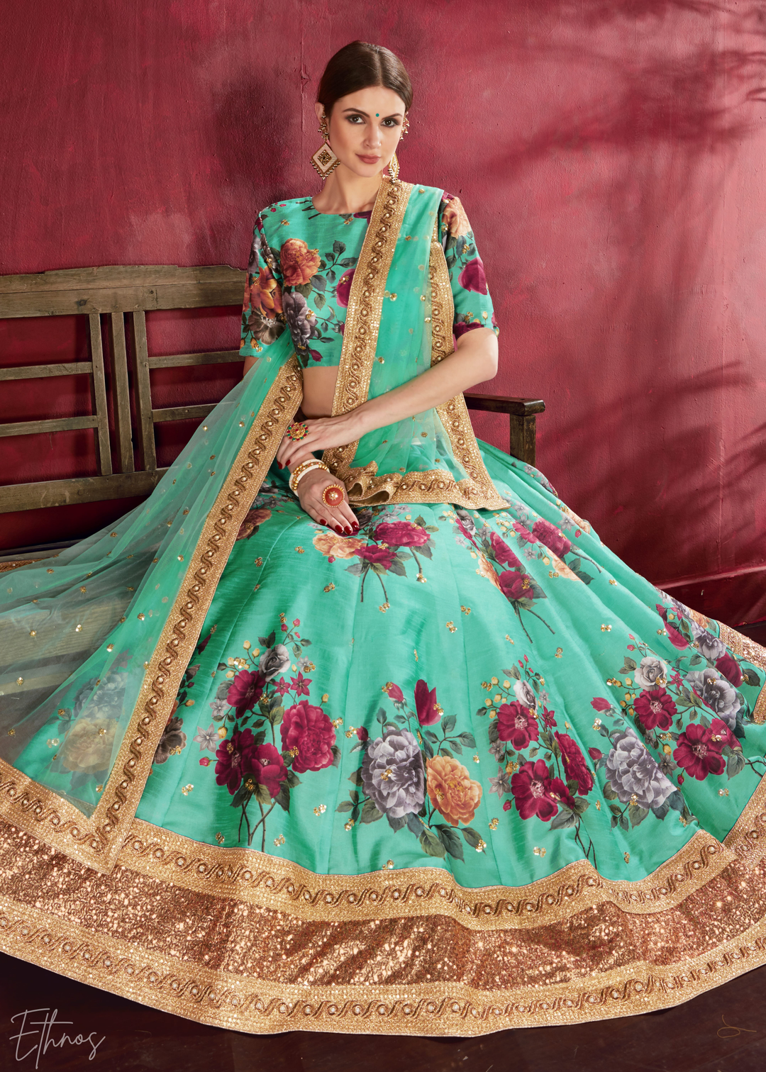 Seafoam Green Zari Rose Silk Lehenga
