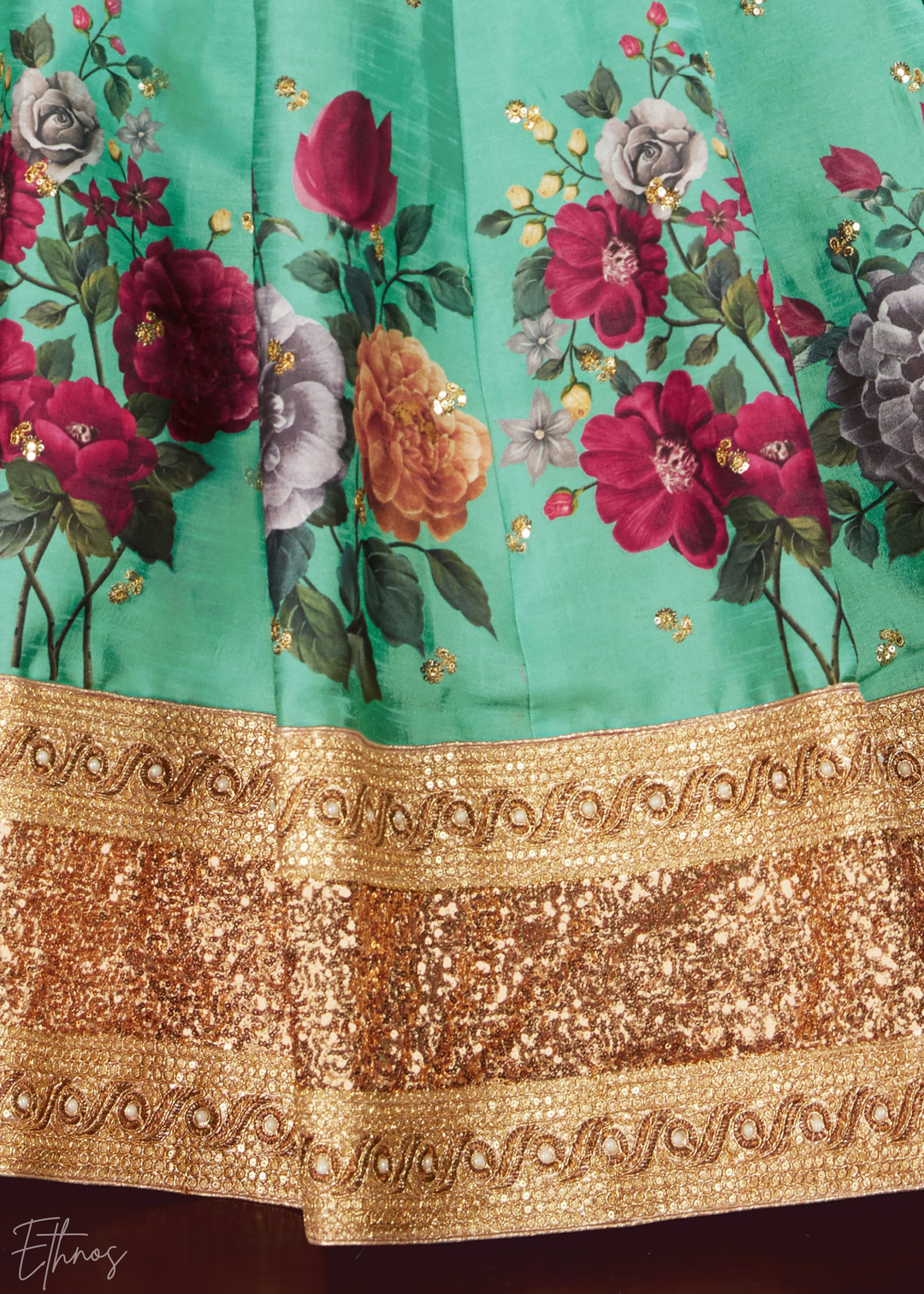 Seafoam Green Zari Rose Silk Lehenga