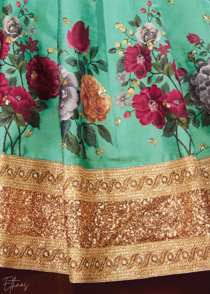 Seafoam Green Zari Rose Silk Lehenga