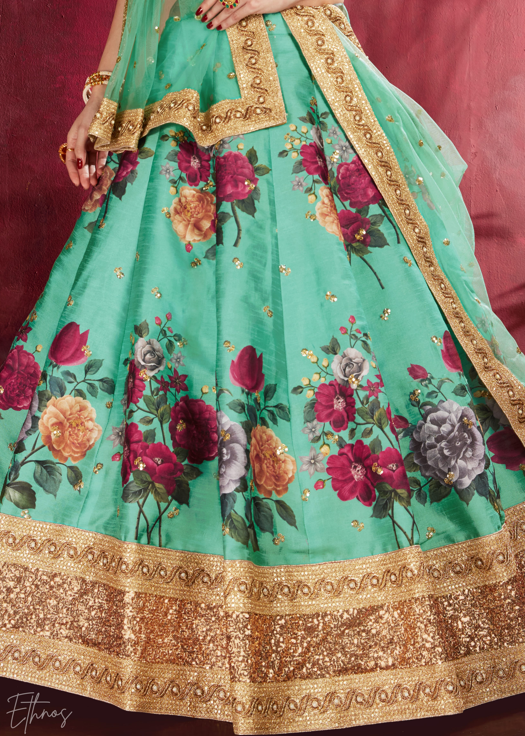 Seafoam Green Zari Rose Silk Lehenga