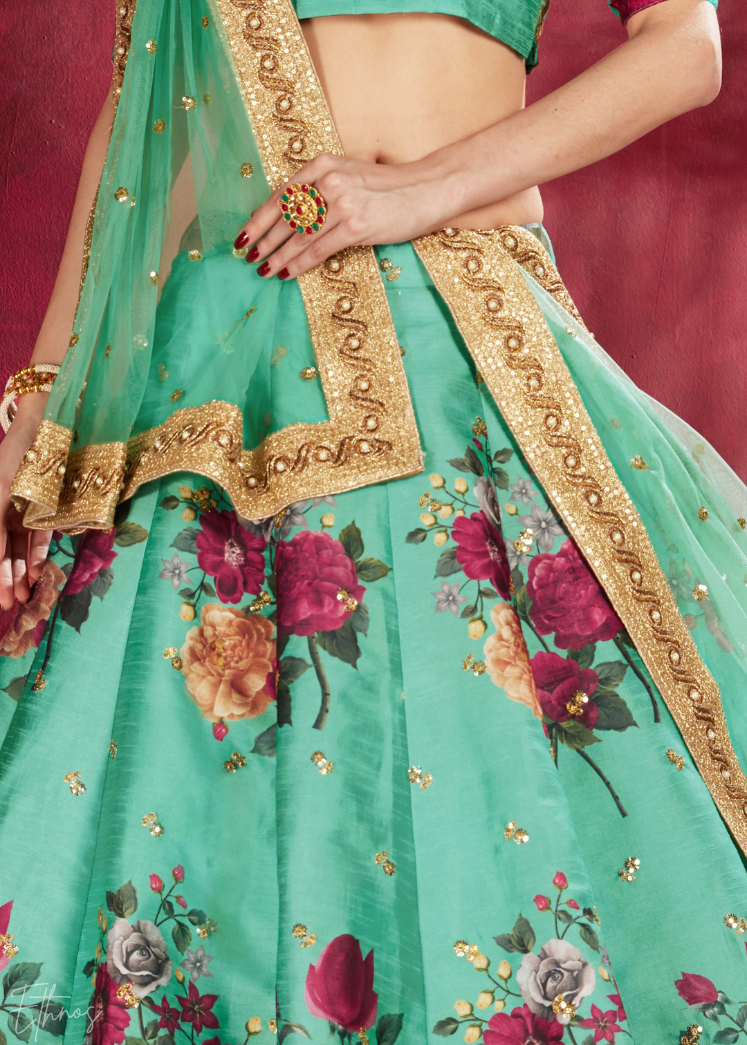 Seafoam Green Zari Rose Silk Lehenga