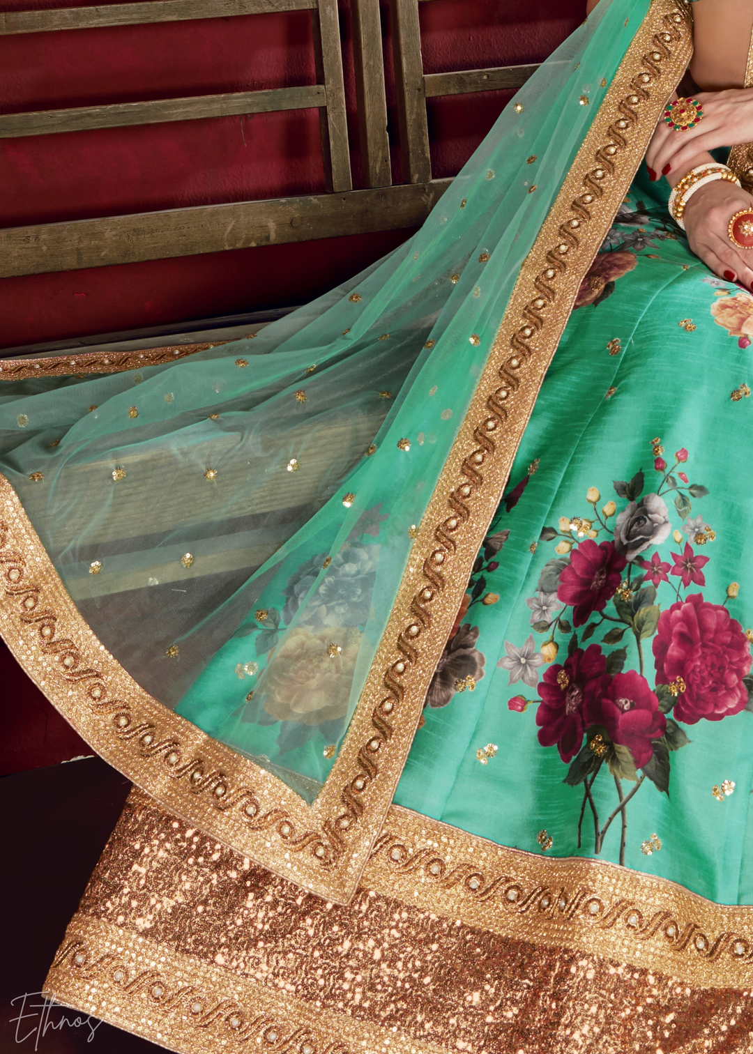 Seafoam Green Zari Rose Silk Lehenga