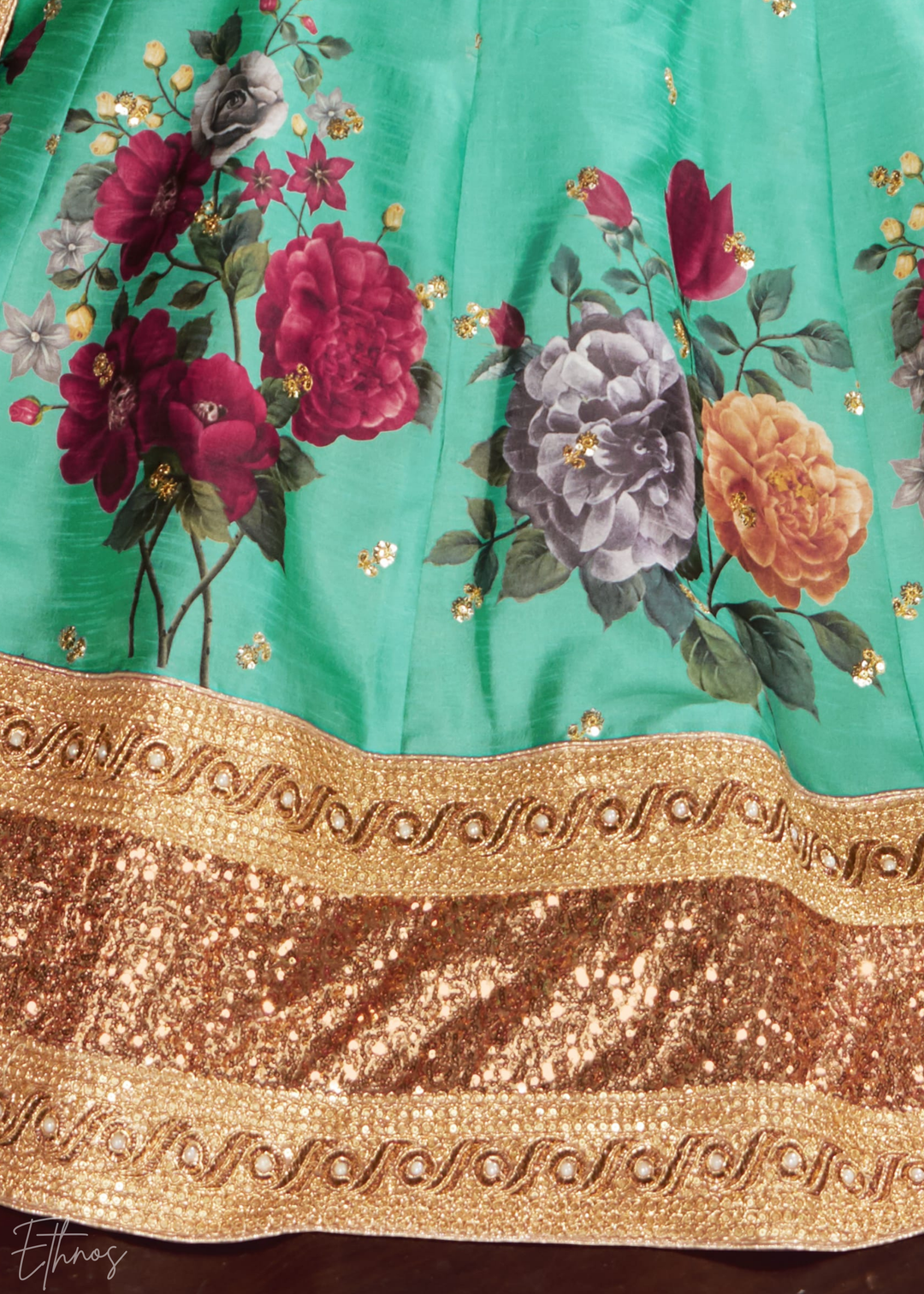 Seafoam Green Zari Rose Silk Lehenga