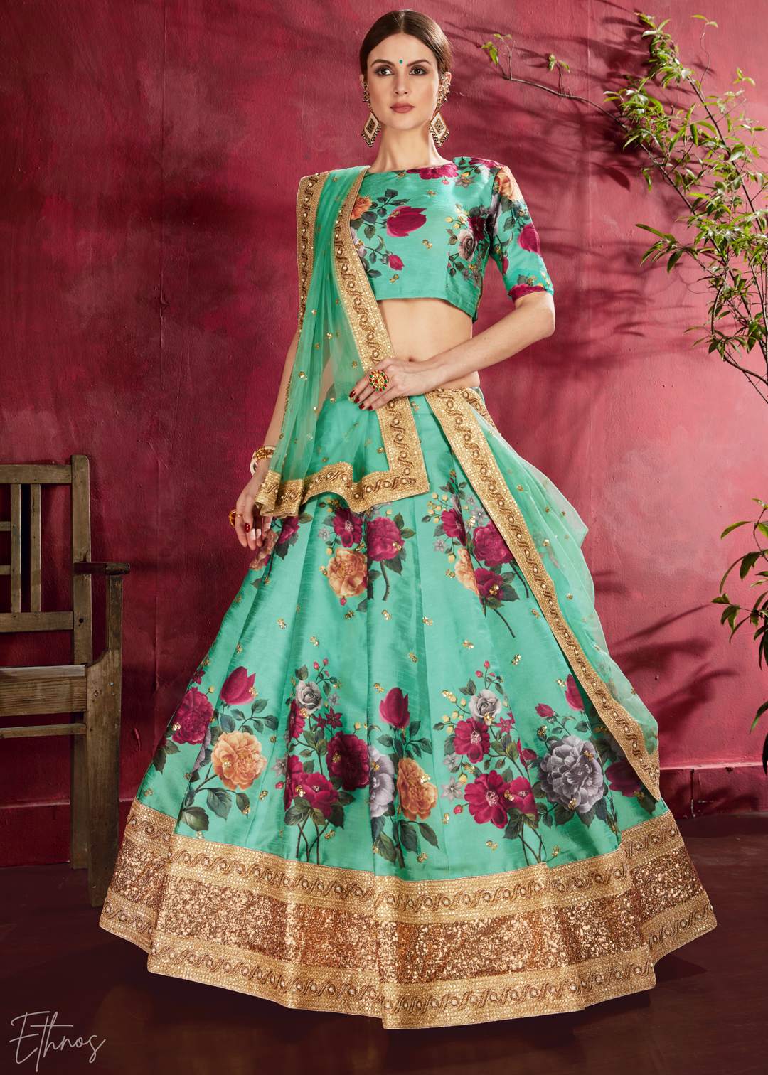 Seafoam Green Zari Rose Silk Lehenga