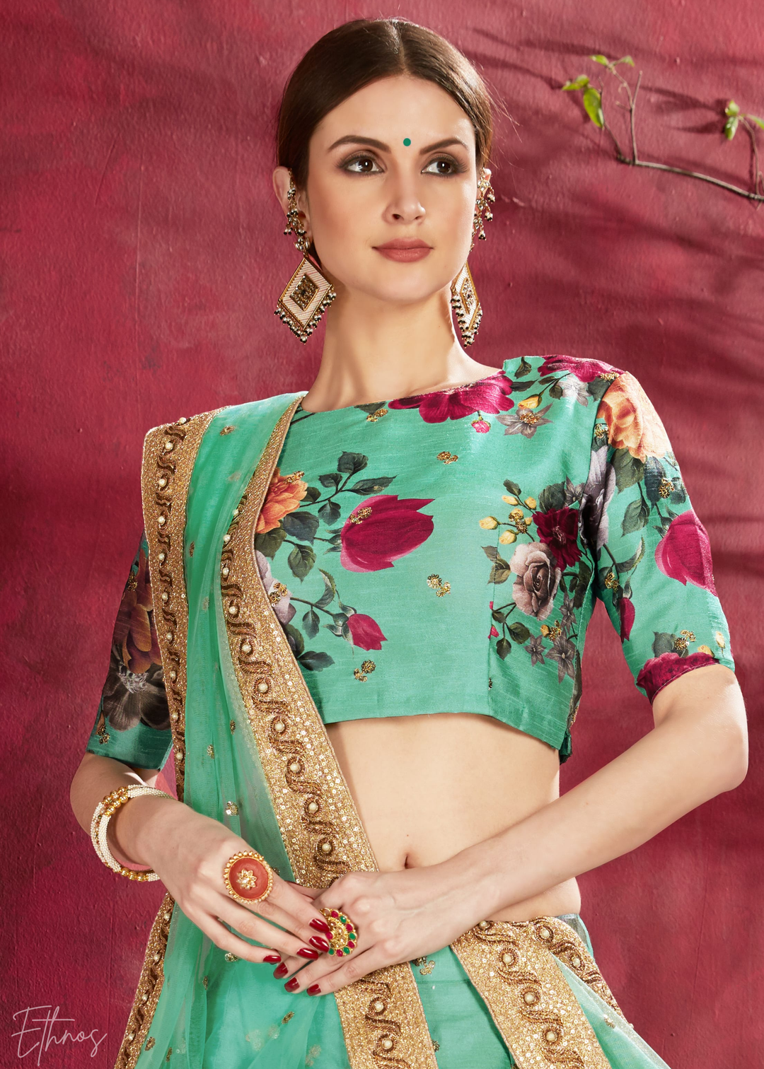 Seafoam Green Zari Rose Silk Lehenga