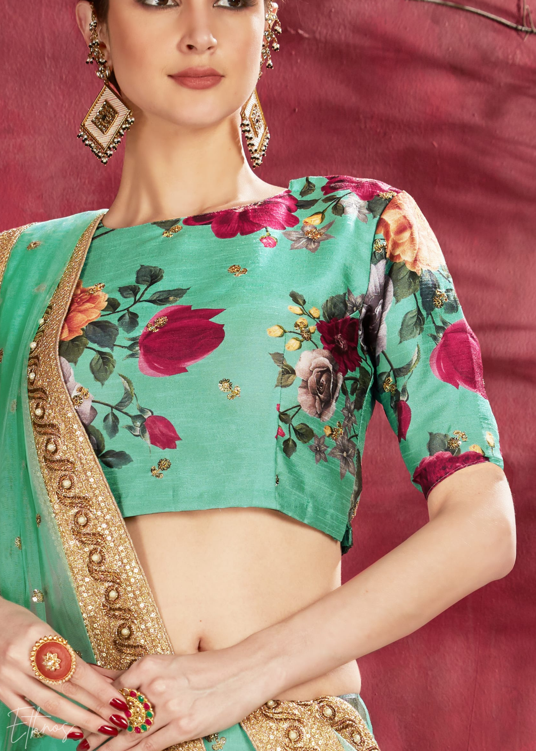 Seafoam Green Zari Rose Silk Lehenga