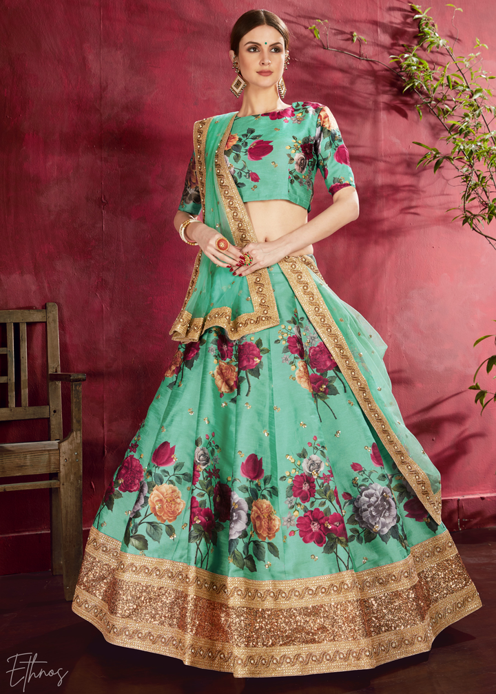 Seafoam Green Zari Rose Silk Lehenga