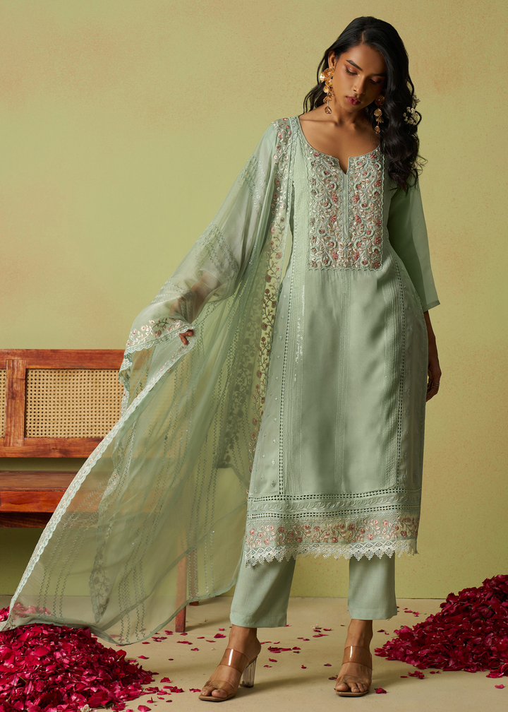 Green Meadow Embroidered Organza Palazzo Suit