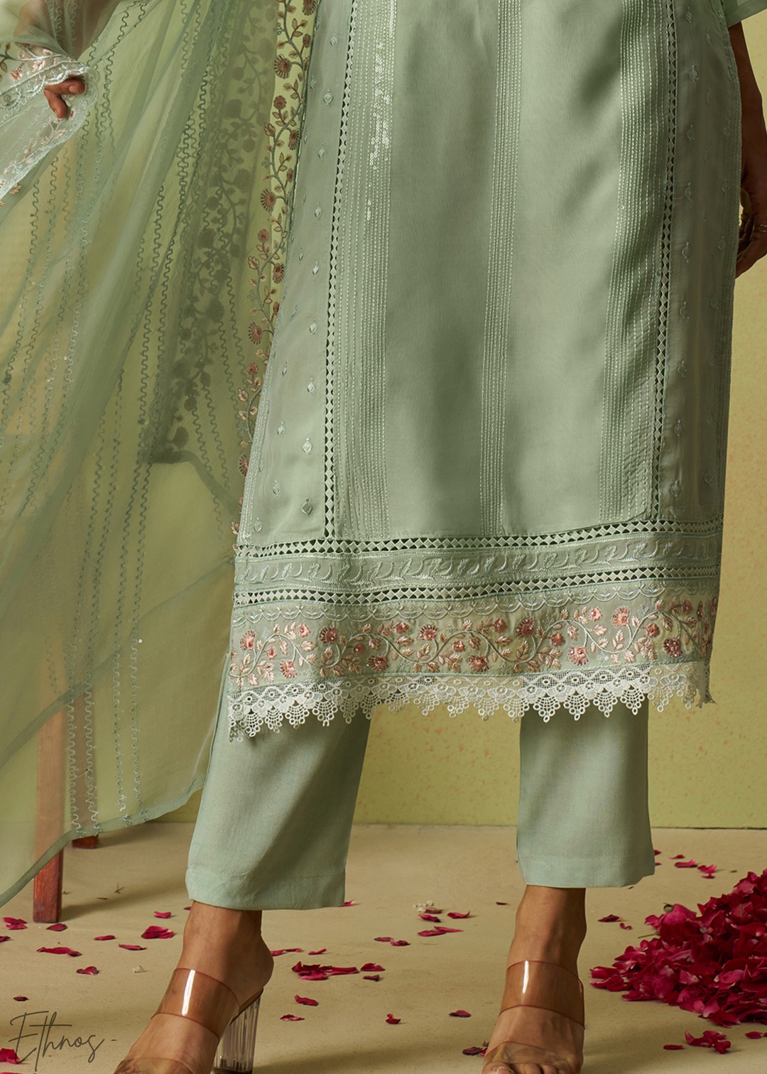 Green Meadow Embroidered Organza Palazzo Suit