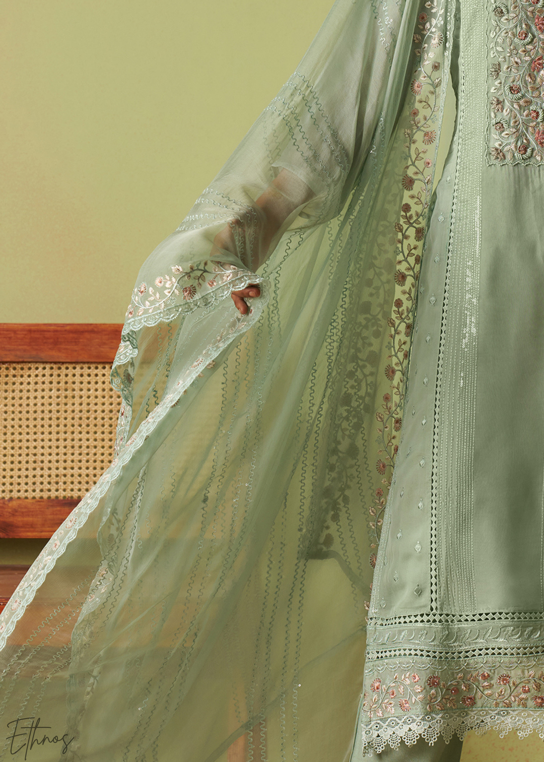 Green Meadow Embroidered Organza Palazzo Suit