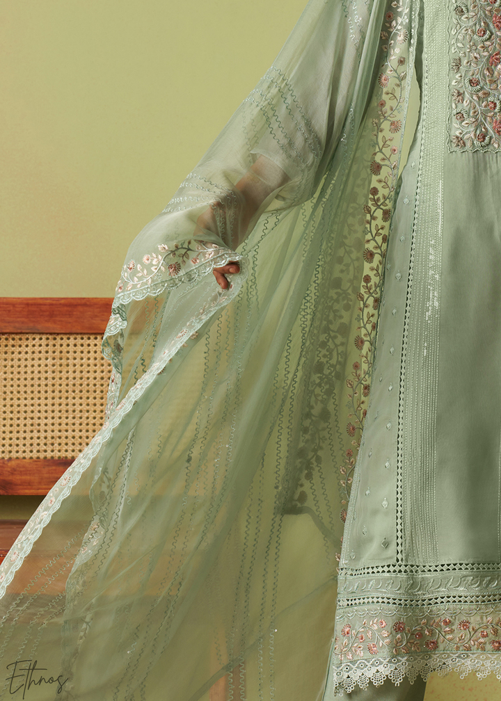 Green Meadow Embroidered Organza Palazzo Suit