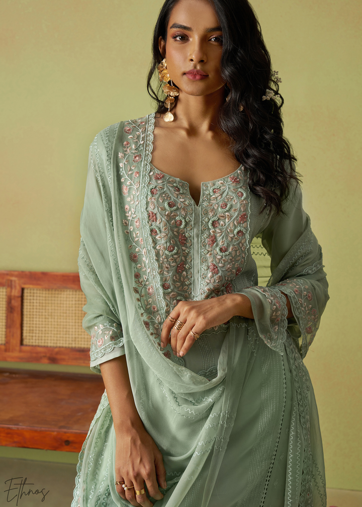 Green Meadow Embroidered Organza Palazzo Suit