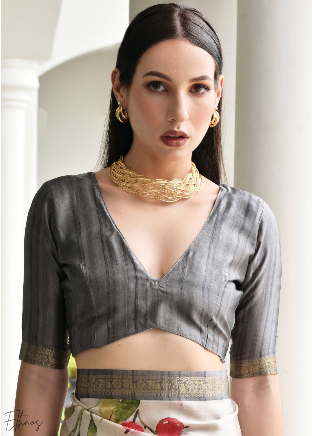 Grey Floral Zari Satin Silk Saree