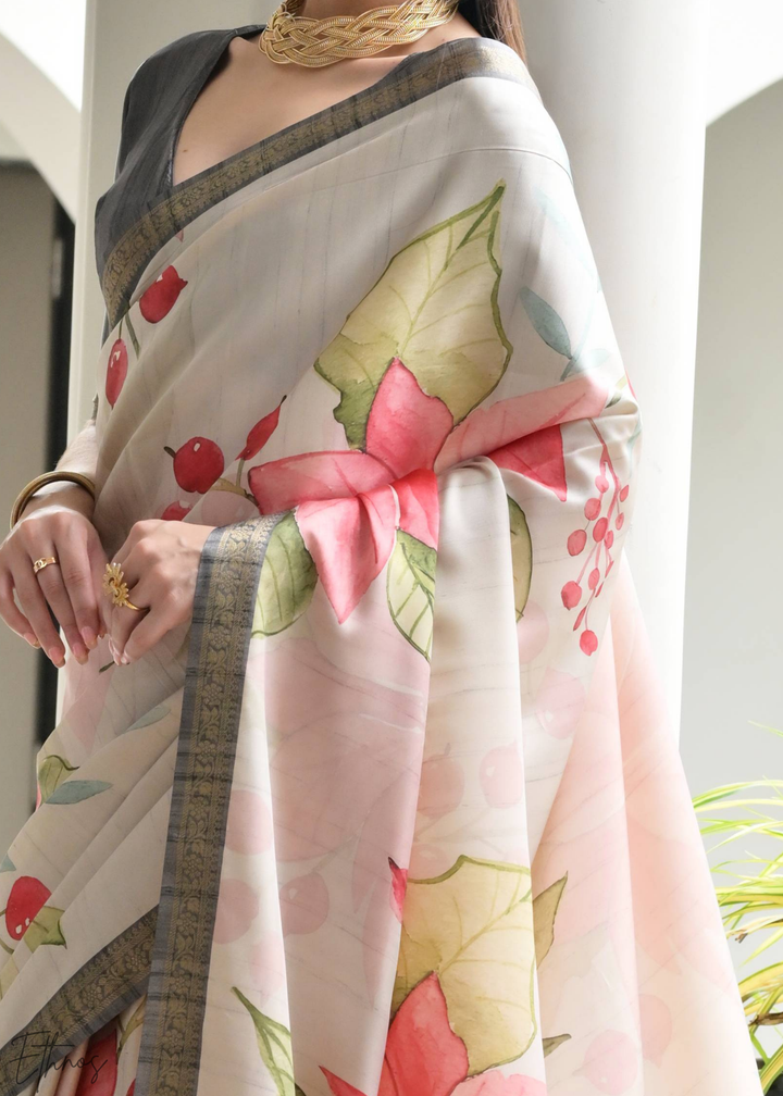 Grey Floral Zari Satin Silk Saree