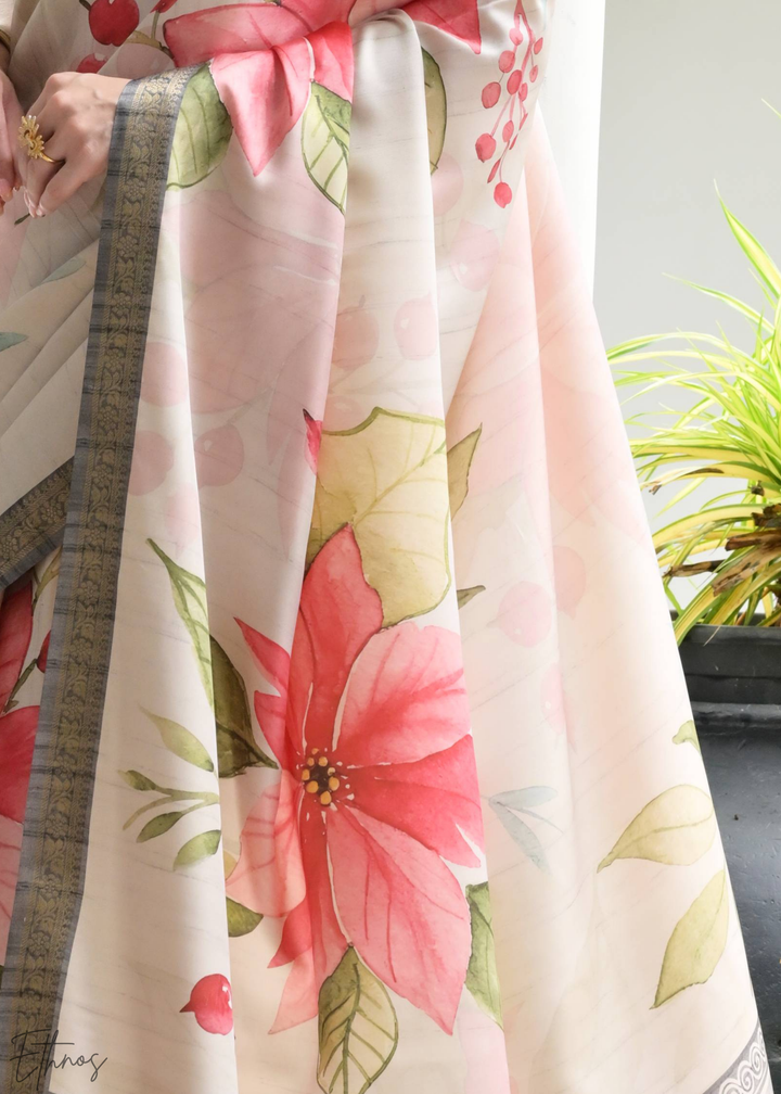 Grey Floral Zari Satin Silk Saree