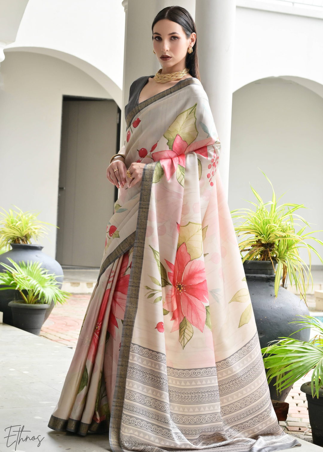 Grey Floral Zari Satin Silk Saree