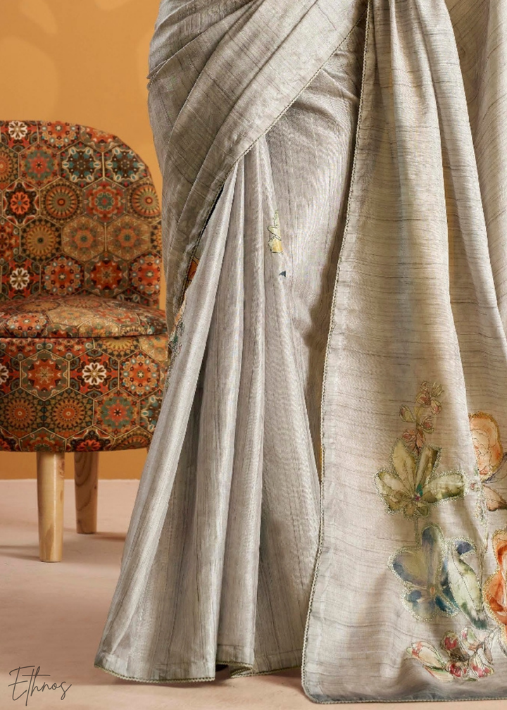 Silver Orchad Kasheeda Tusser Silk Saree